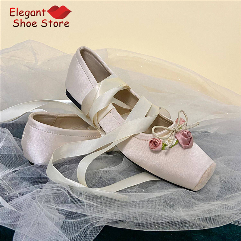 White Pink Rose Decor Satin Ba - Ballet Flat Women avis et prix