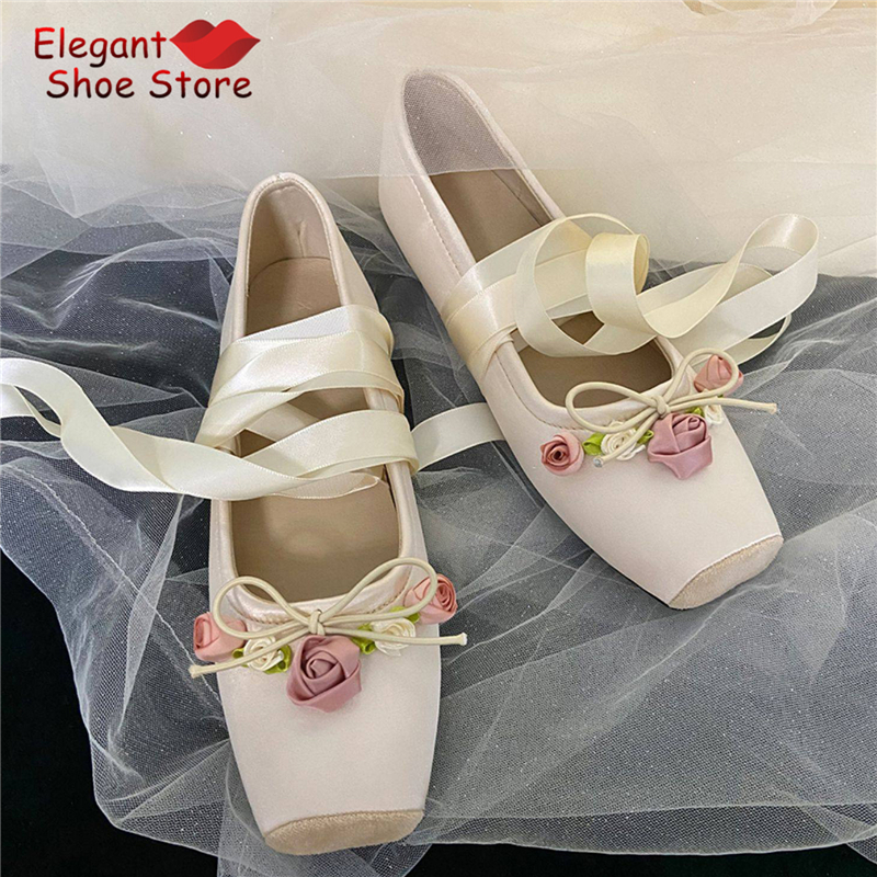 White Pink Rose Decor Satin Ba - Ballet Flat Women avis et prix