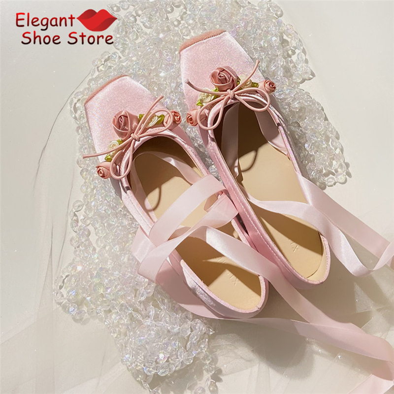 White Pink Rose Decor Satin Ba - Ballet Flat Women avis et prix